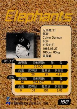 1998 CPBL T-Point Traditional Card Series #168 Calvin Duncan Back