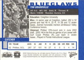 2003 MultiAd Lakewood BlueClaws #7 Tim Gradoville Back