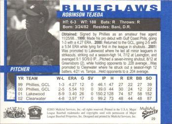 2003 MultiAd Lakewood BlueClaws #29 Robinson Tejeda Back