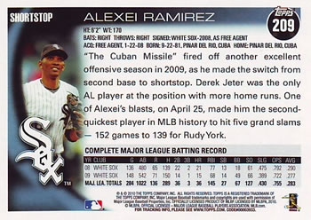 2010 Topps #209 Alexei Ramirez Back
