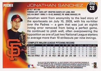 2010 Topps #28 Jonathan Sanchez Back