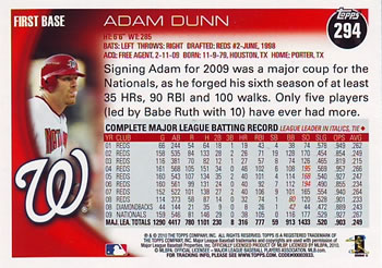 2010 Topps #294 Adam Dunn Back