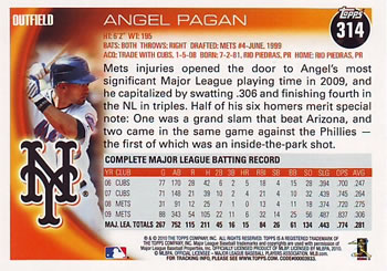 2010 Topps #314 Angel Pagan Back
