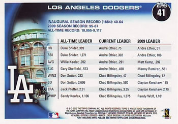 2010 Topps #41 Dodgers Franchise History Back