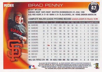 2010 Topps #47 Brad Penny Back