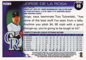2010 Topps #49 Jorge De La Rosa Back