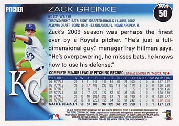 2010 Topps #50 Zack Greinke Back