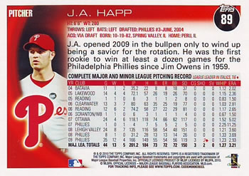 2010 Topps #89 J.A. Happ Back