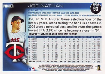 2010 Topps #93 Joe Nathan Back