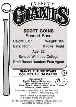 1987 Pacific Everett Giants #3 Scott Goins Back