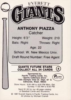 1987 Pacific Everett Giants #4 Anthony Piazza Back