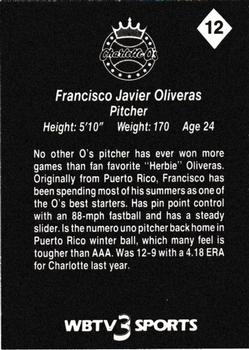 1987 WBTV Charlotte O's #12 Francisco Oliveras Back