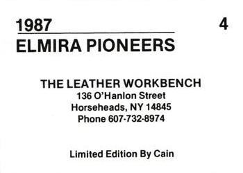 1987 Cain Elmira Pioneers Red #4 Miguel Monegro Back