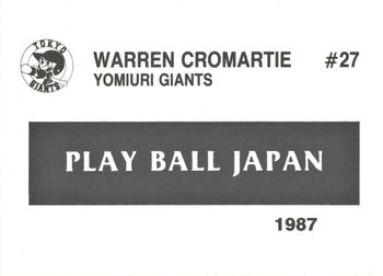 1987 Play Ball Japan #27 Warren Cromartie Back