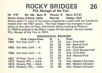 1975 Circle K Phoenix Giants #1 Rocky Bridges Back
