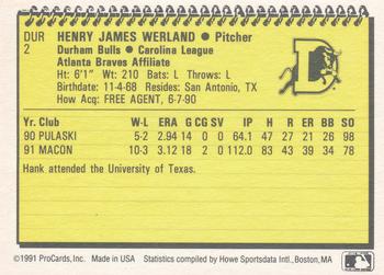 1991 ProCards Durham Bulls Update #DUR-2 Hank Werland Back