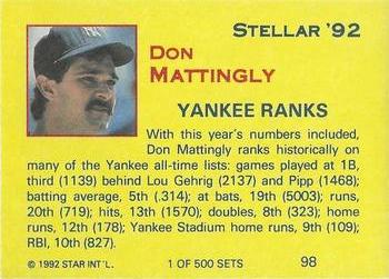 1992 Star Stellar #98 Don Mattingly Back