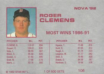 1992 Star Nova #106 Roger Clemens Back