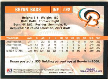 2007 Grandstand Bowie Baysox #NNO Bryan Bass Back