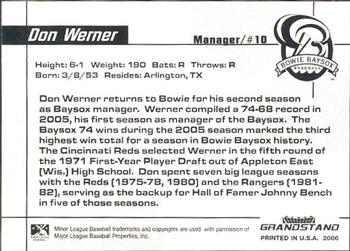 2006 Grandstand Bowie Baysox #NNO Don Werner Back