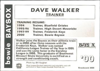 2000 Grandstand Bowie Baysox #NNO Dave Walker Back