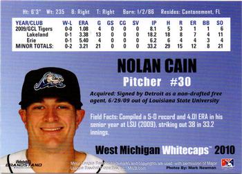 2010 Grandstand West Michigan Whitecaps #NNO Nolan Cain Back