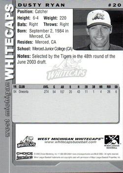 2005 Choice West Michigan Whitecaps #20 Dusty Ryan Back