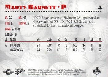 1998 Multi-Ad Reading Phillies #4 Marty Barnett Back