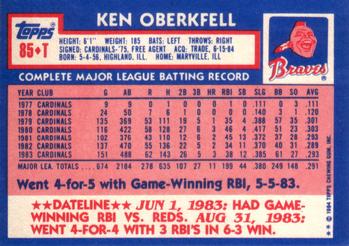 1984 Topps Traded #85T Ken Oberkfell Back