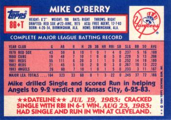 1984 Topps Traded #86T Mike O'Berry Back
