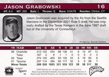 2002 MultiAd Sacramento River Cats #16 Jason Grabowski Back