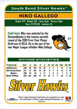 2012 Grandstand South Bend Silver Hawks #9 Niko Gallego Back