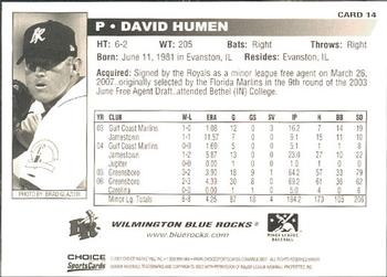 2007 Choice Wilmington Blue Rocks #14 David Humen Back