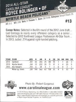 2014 Choice California League / Carolina League All-Star Game #13 Royce Bolinger Back