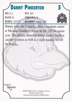 2002 MultiAd Sioux Falls Canaries #19 Danny Pinkerton Back