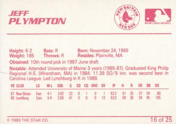 1989 Star New Britain Red Sox - Platinum #16 Jeff Plympton Back