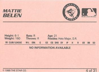 1989 Star Bluefield Orioles - Platinum #4 Mattie Belen Back