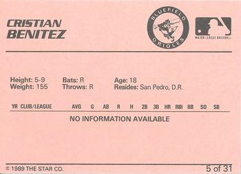 1989 Star Bluefield Orioles - Platinum #5 Christian Benitez Back