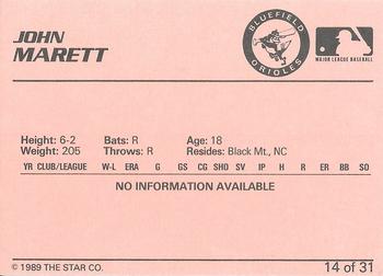 1989 Star Bluefield Orioles - Platinum #14 John Marett Back