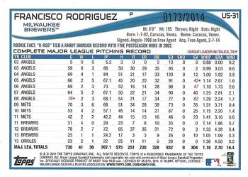 2014 Topps Update - Gold #US-31 Francisco Rodriguez Back
