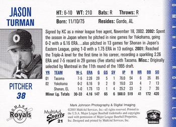 2003 MultiAd Omaha Royals #21 Jason Turman Back