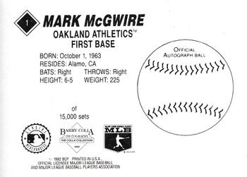 1992 Barry Colla Mark McGwire #1 Mark McGwire Back