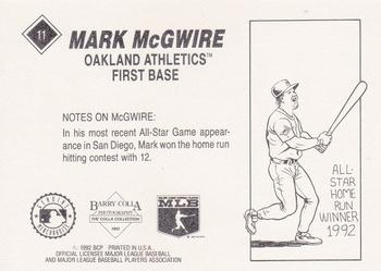 1992 Barry Colla Mark McGwire #11 Mark McGwire Back