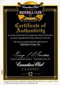 1996 Canadian Club Autographs #NNO Certificate of Authenticity Front