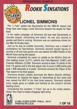 1991-92 Fleer - Perforated Magazine Promotional Sample Sheet Singles #1 Lionel Simmons Back