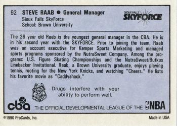 1990-91 ProCards CBA #92 Steve Raab Back