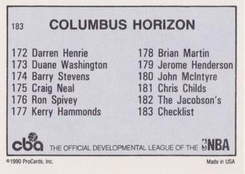 1990-91 ProCards CBA #183 Columbus Horizon Checklist Back