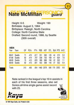 1990-91 Kayo Seattle SuperSonics #11 Nate McMillan Back