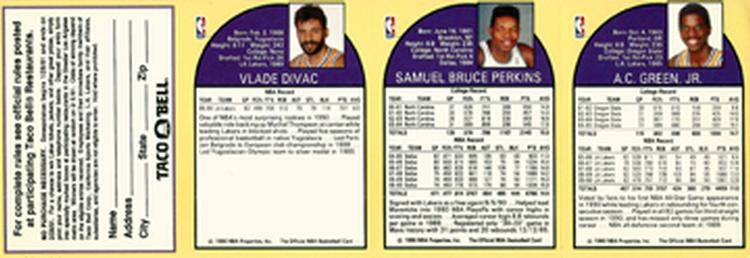 1990-91 Hoops Taco Bell Los Angeles Lakers - Panels #NNO A.C. Green / Sam Perkins / Vlade Divac Back