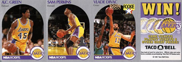 1990-91 Hoops Taco Bell Los Angeles Lakers - Panels #NNO A.C. Green / Sam Perkins / Vlade Divac Front